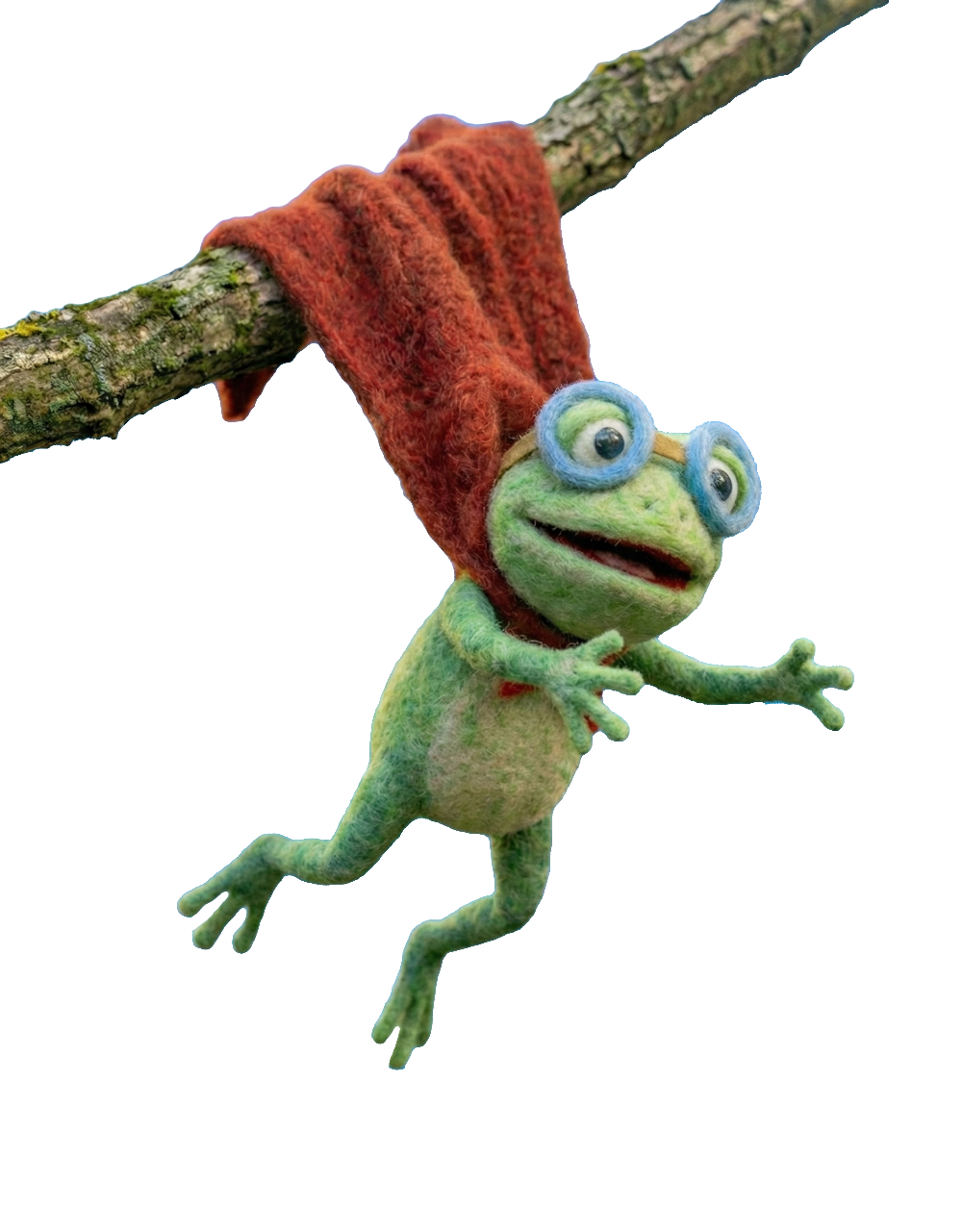 Stunt Frog hanging from a branch