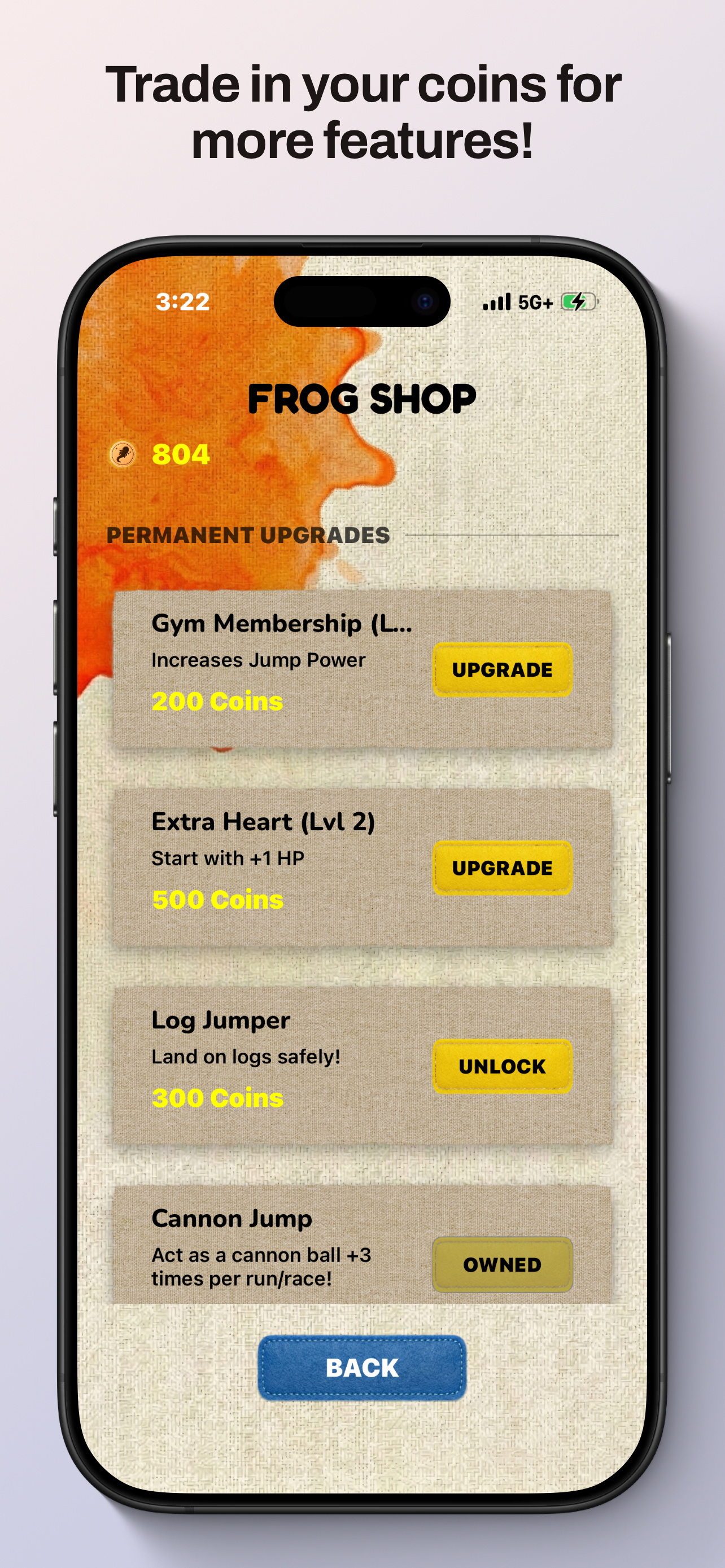 Frog Shop screenshot showing permanent upgrades